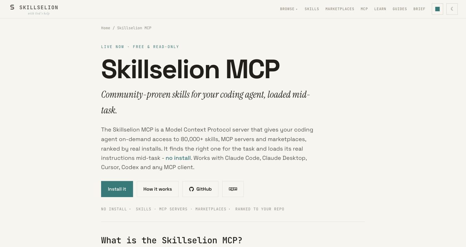 Seite des Skillselion MCP mit Hinweis auf kostenlosen Lesezugriff ohne Installation