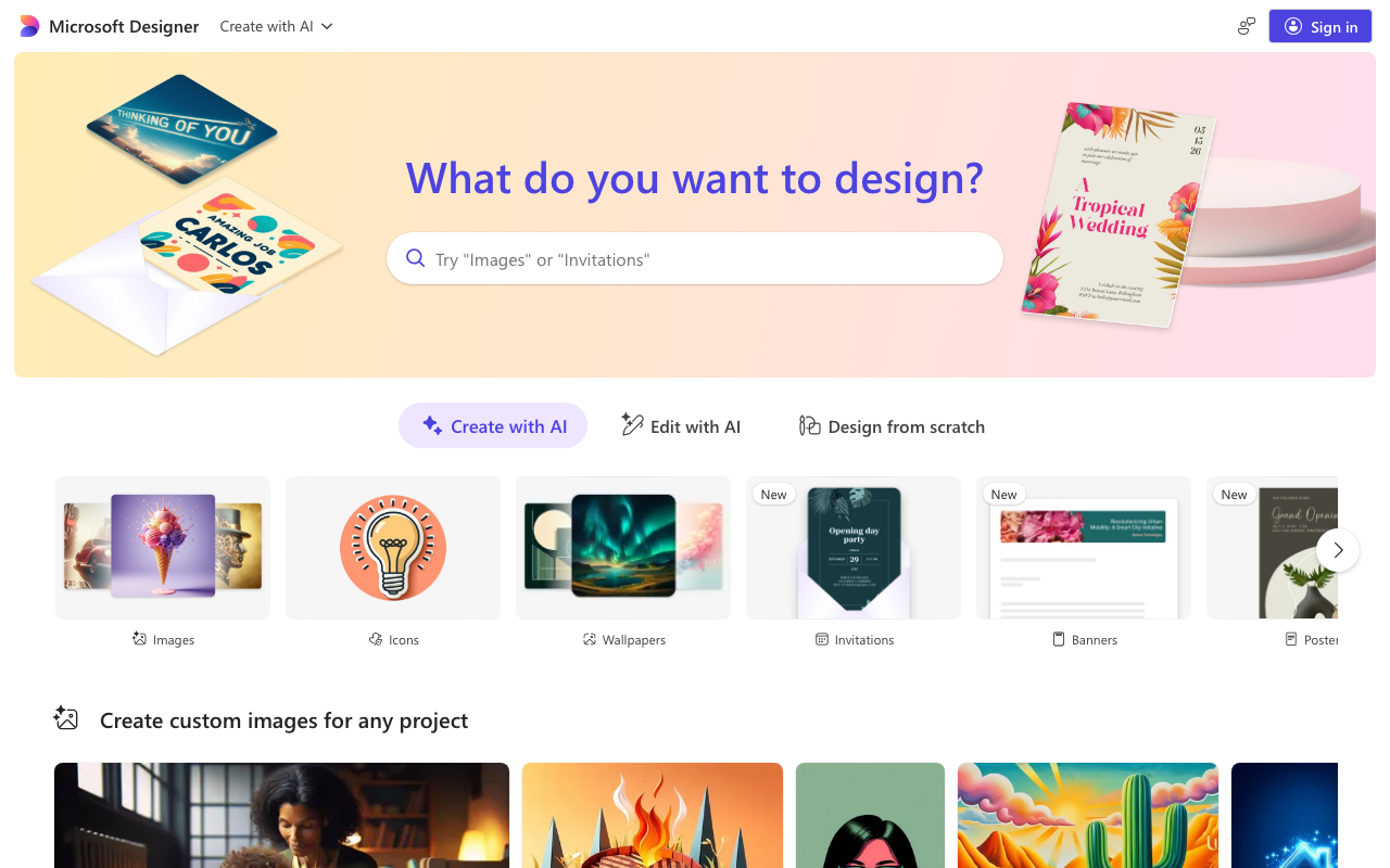 Microsoft Designer homepage